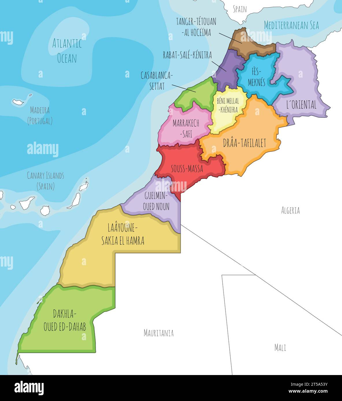Vector illustrated map of Morocco with regions and administrative divisions, and neighbouring countries. Editable and clearly labeled layers. Stock Vector