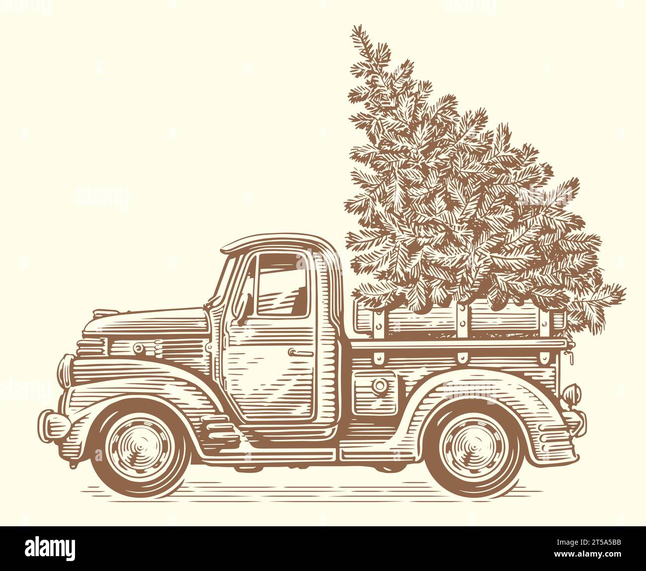 Hand drawn Christmas retro truck with pine tree. Happy holidays, vintage sketch vector illustration Stock Vector