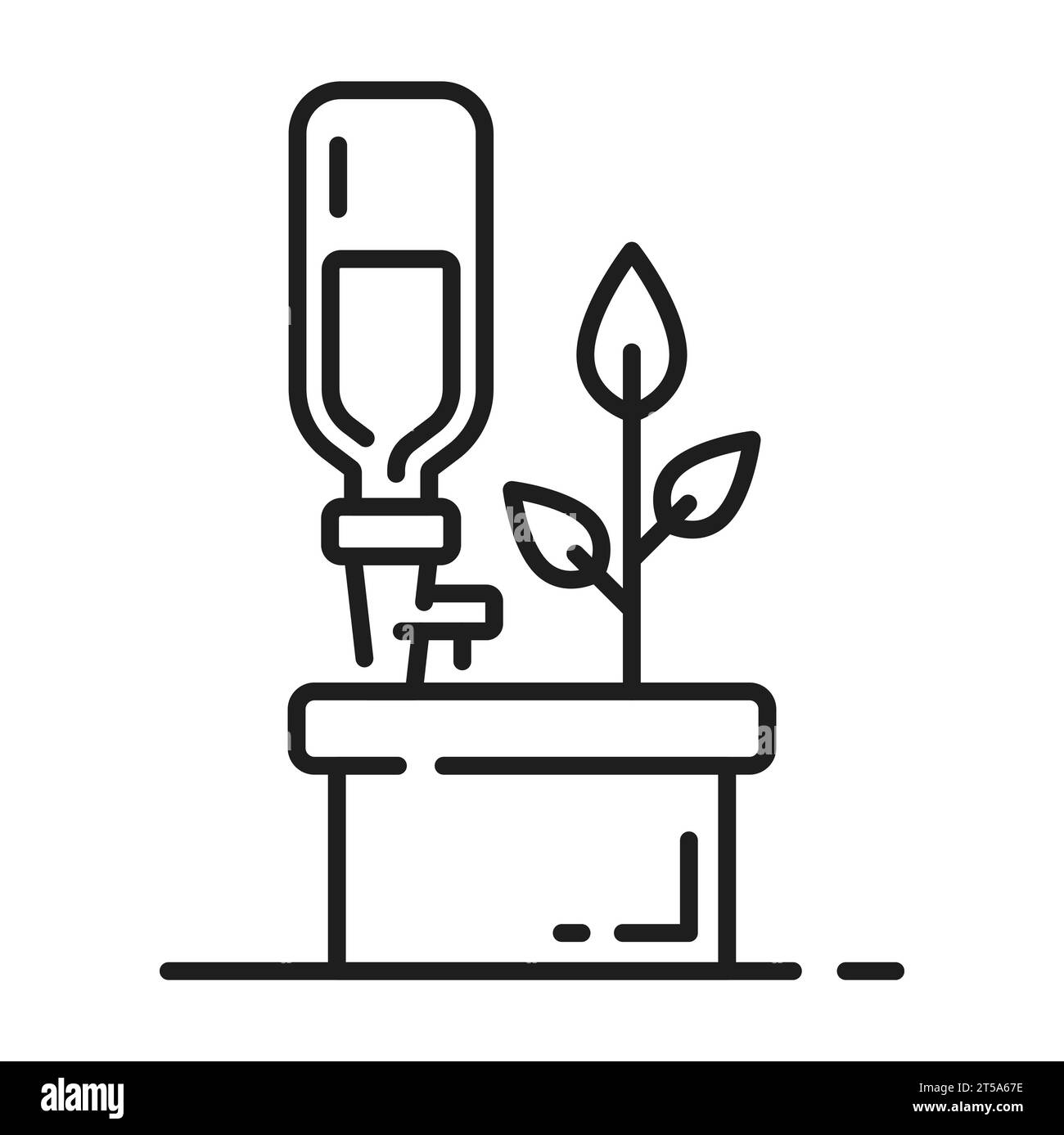 Plant drip irrigation and watering icon. Seedling watering technology, farmland aquaponics automatic system or sprout water drip equipment line vector symbol. Agriculture irrigation pictogram or icon Stock Vector