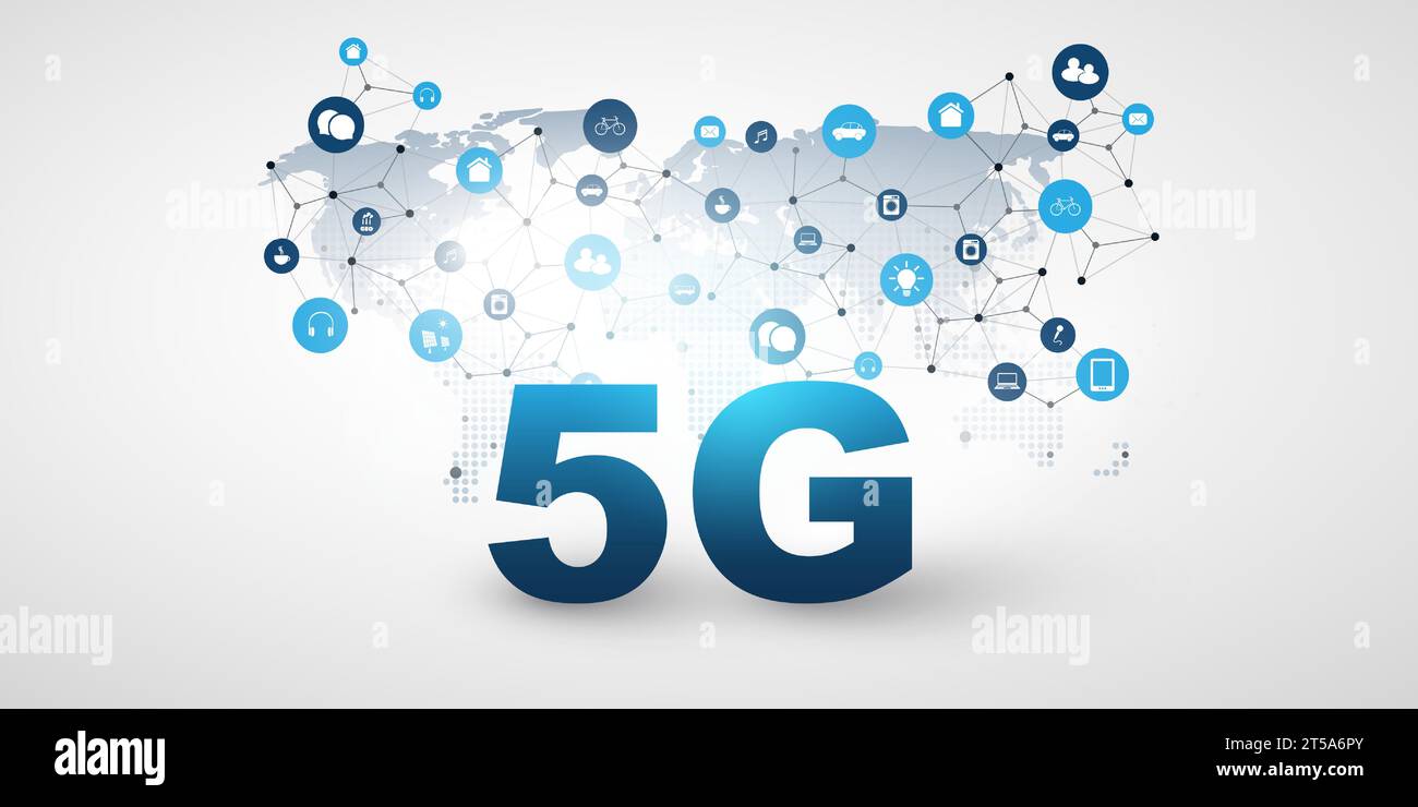5G Network Label with World Map - 5g Network Label With World Map Icons And Network Mesh High Speed Broadband Mobile Telecommunication And Wireless Internet Design New Cutting Edge 2T5A6PY 