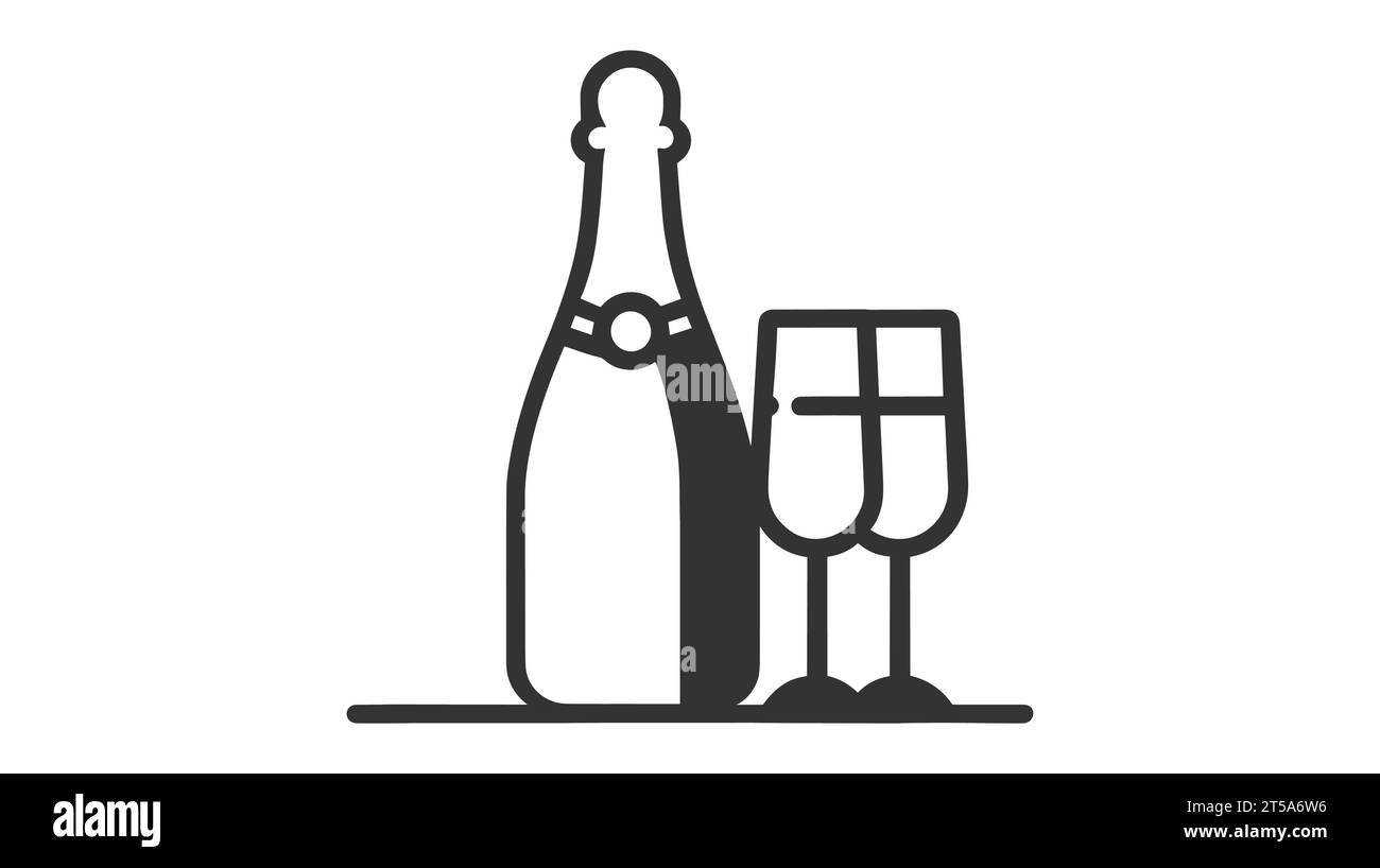 Black outlined vector icon of a champagne bottle with a label and two filled glasses. Stock Vector