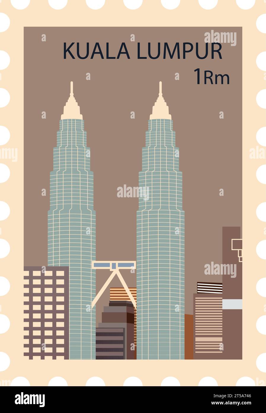 Postal stamp with PETRONAS TWIN TOWERS famous landmark of KUALA LUMPUR, MALAYSIA Stock Vector