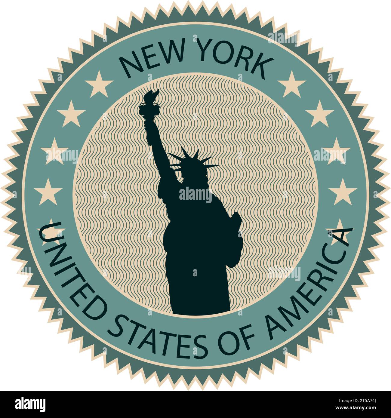 Seal (stamp) with STATUE OF LIBERTY famous landmark of NEW YORK CITY, UNITED STATES OF AMERICA Stock Vector