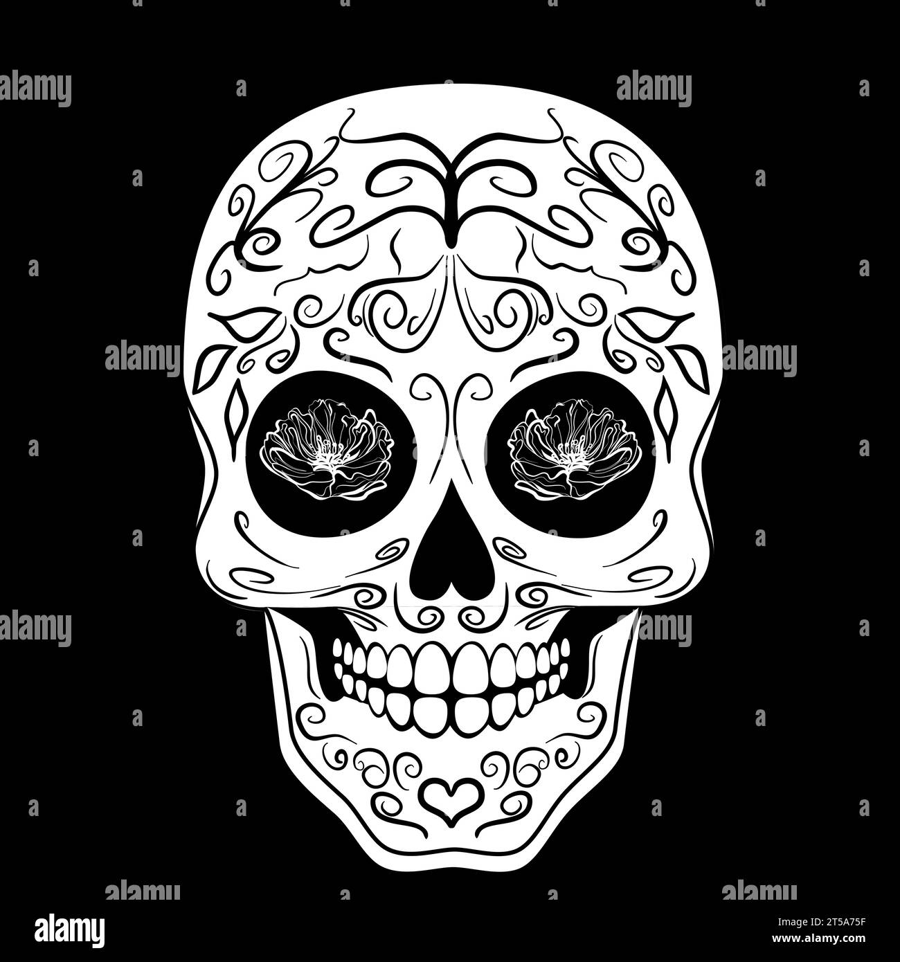 Sugar skull with flowers in doodle technique. Vector illustration Stock Vector