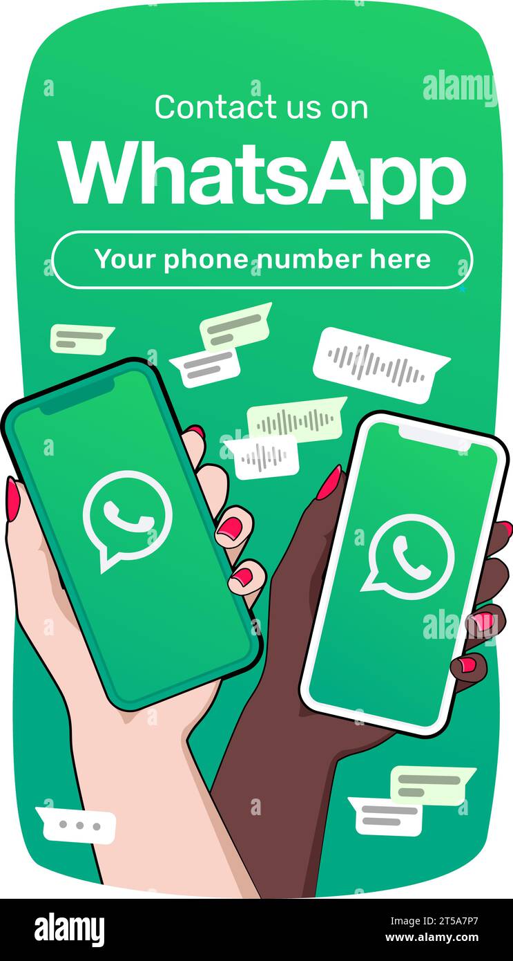 Whatsapp vertical banner template. Contact us at our WhatsApp number. Illustration of two women's hands holding a phone with a whats app logo. Stock Vector