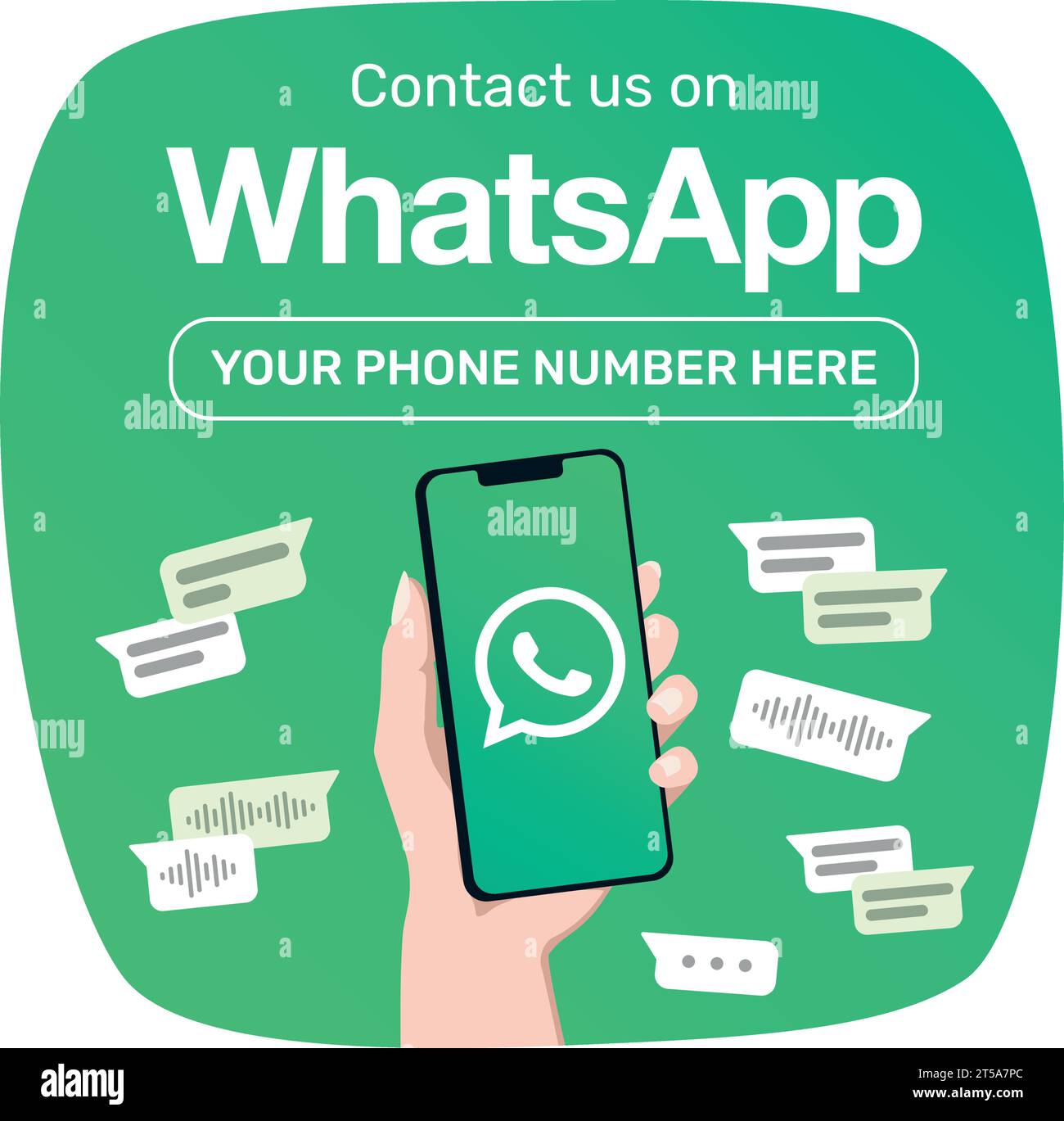 whatsapp square banner template. Contact us on our whats app number. Illustration of a woman hand holding a phone with a logotype. Stock Vector