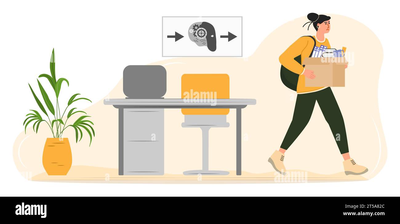 Smart AI robot took workplace, sad fired girl hold box. Unemployment ...
