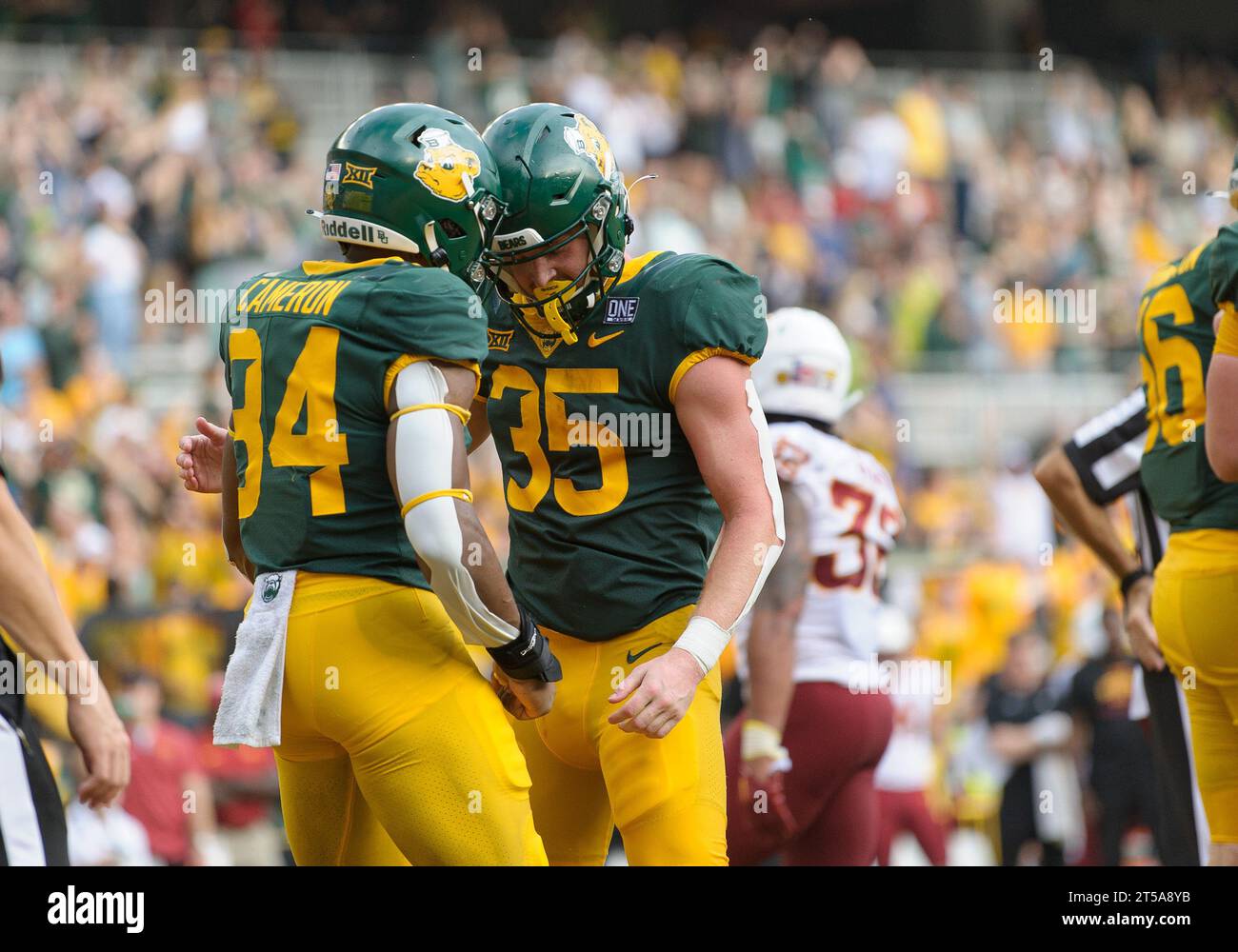 Waco, Texas, USA. 28th Oct, 2023. Baylor Bears wide receiver Josh Cameron (34) and Baylor Bears running back Dawson Pendergrass (35) celebrate a score during the 2nd half of the NCAA Football game between the Iowa State Cyclones and Baylor Bears at McLane Stadium in Waco, Texas. Matthew Lynch/CSM/Alamy Live News Stock Photo