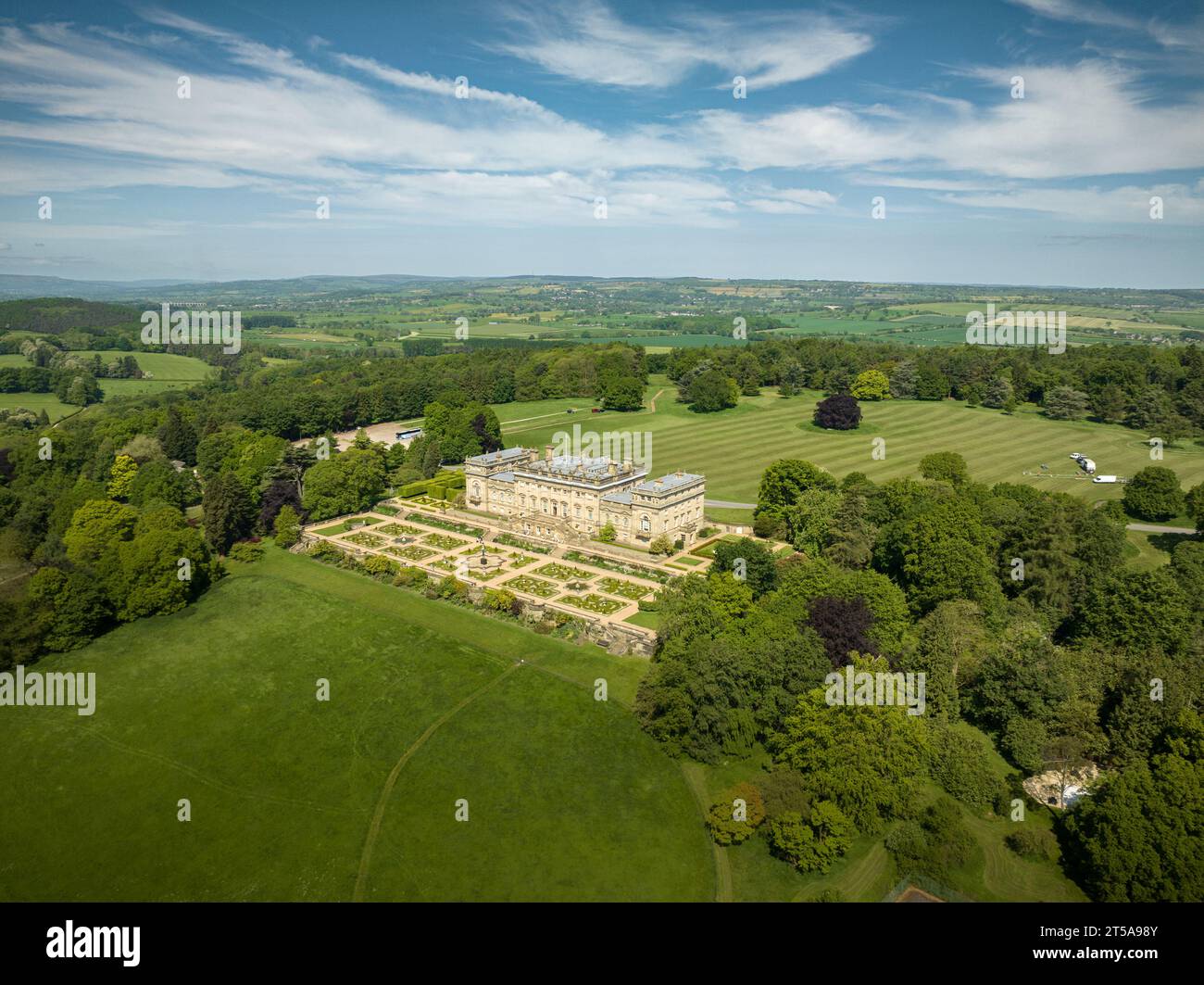 Drone shot of the Neoclassical masterpiece and country house, Harewood House. One of