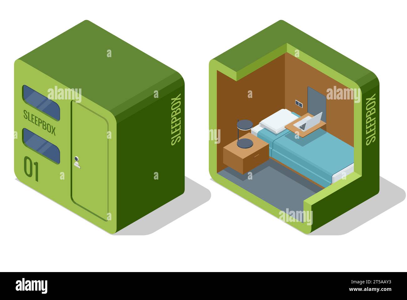 Isometric Sleeping Space Capsule Homes. Sleeping People in Smart Capsule Hotel. Sleepbox. Sleeping Pods Stock Vector