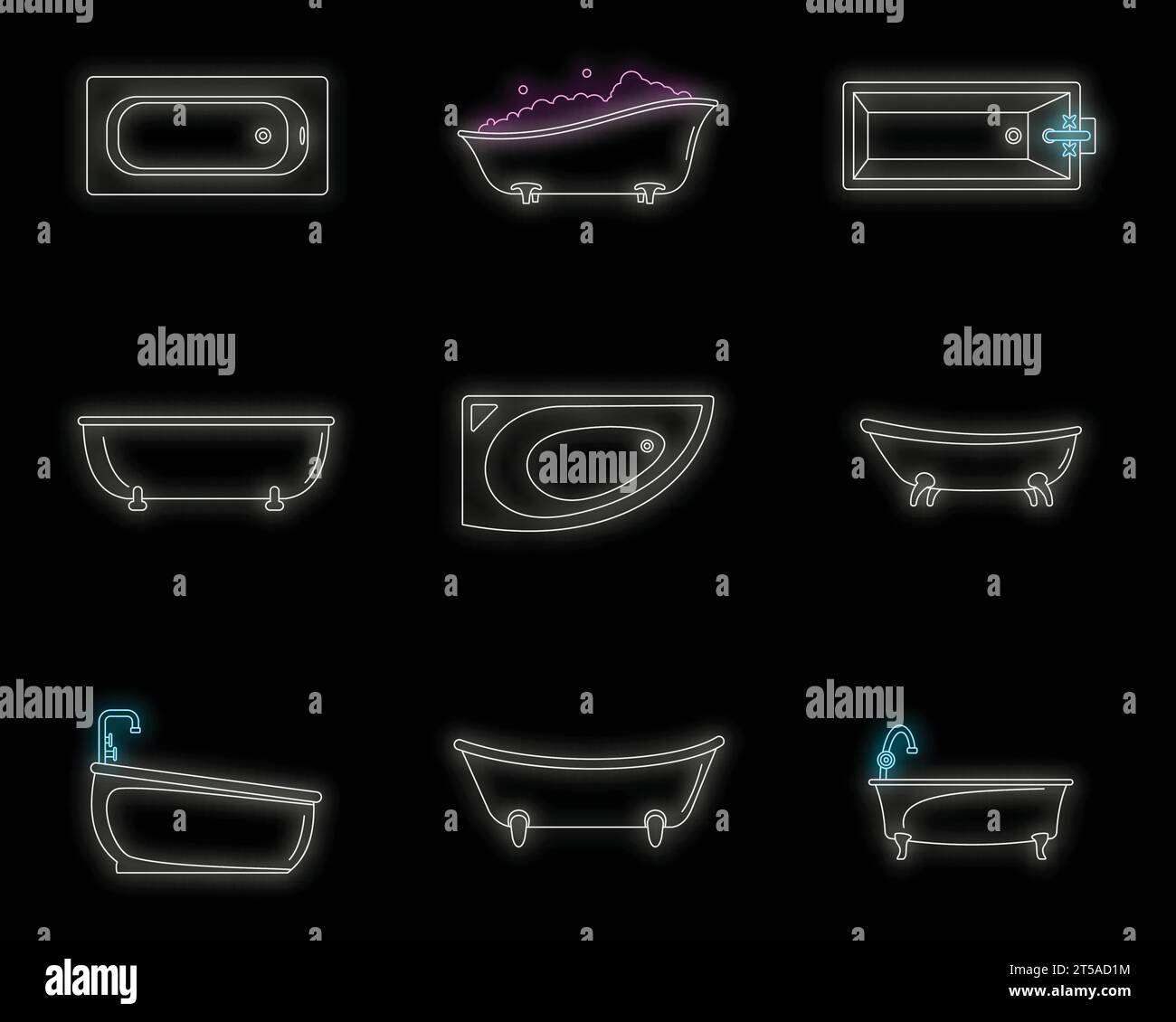 Bathtub interior icons set. Outline illustration of 9 bathtub interior ...