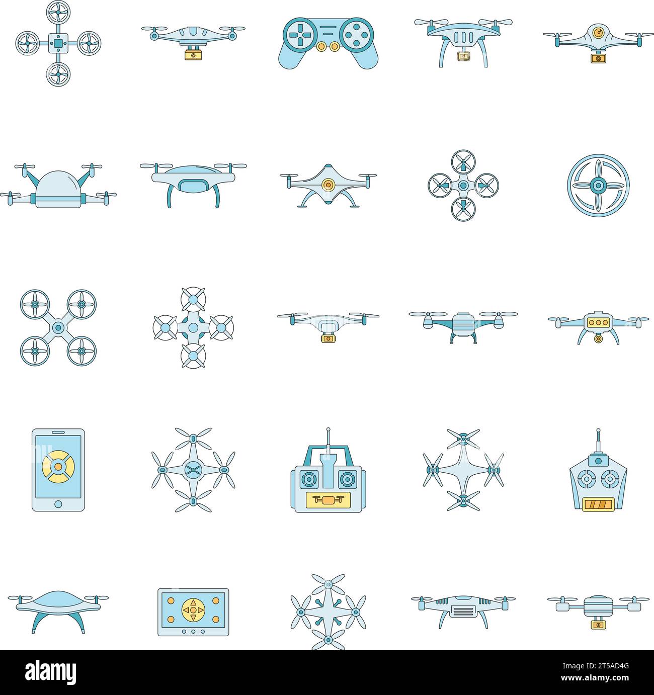 Drone delivery camera quadcopter icons set. Outline illustration of 25 ...