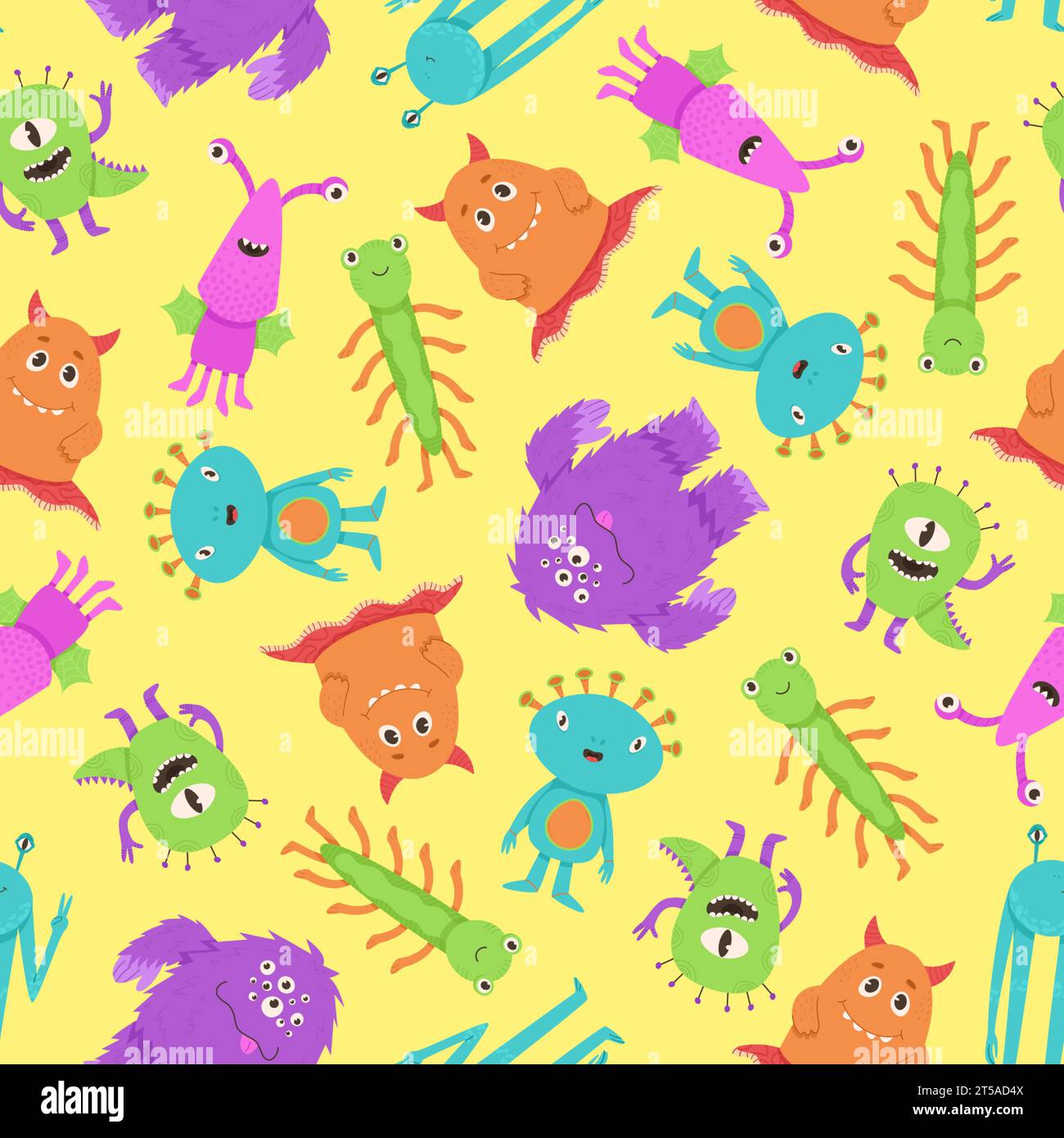 Colorful seamless pattern with cute aliens. Funny monsters on the ...