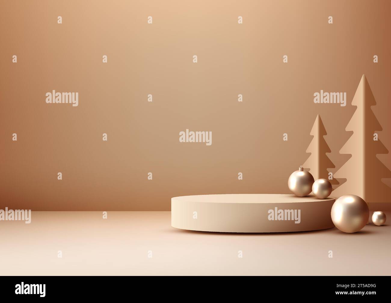 3D realistic beige christmas podium on a brown background with pine ...