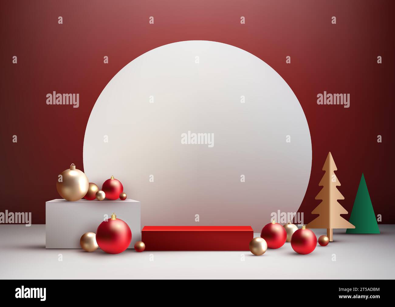 Christmas festive 3D realistic white and red color podium decoration with gold and green pine tree and many balls on red wall background. Christmas ho Stock Vector