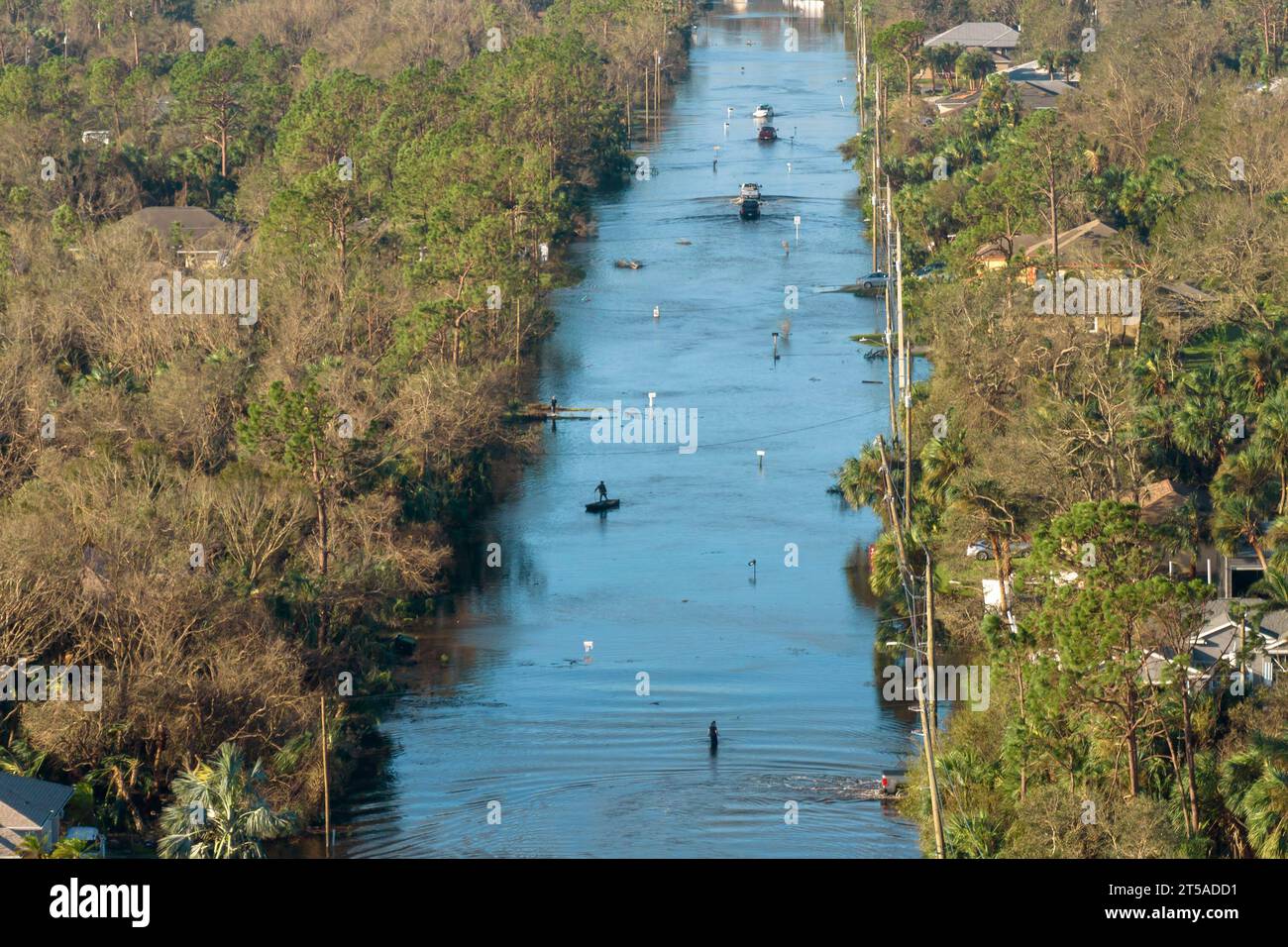 Aftermath of natural disaster. Surrounded by hurricane rainfall flood ...