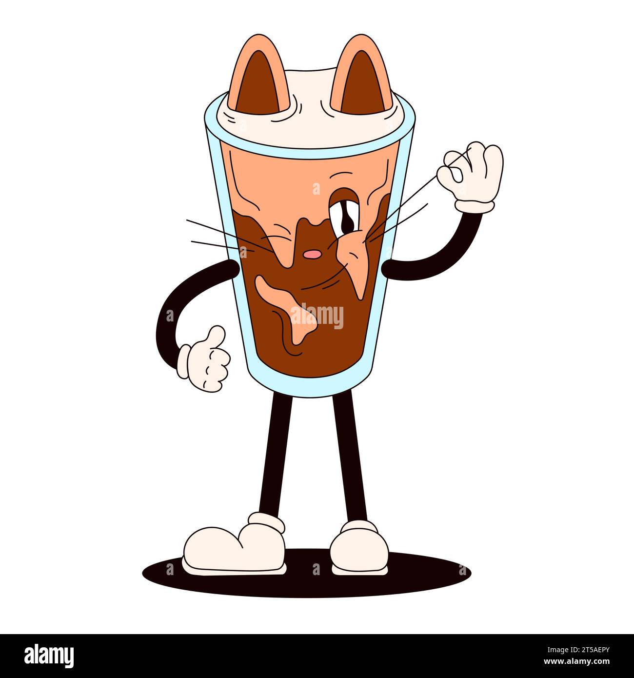 Groovy drink cat character in shape of Iced cold brew coffee. Character