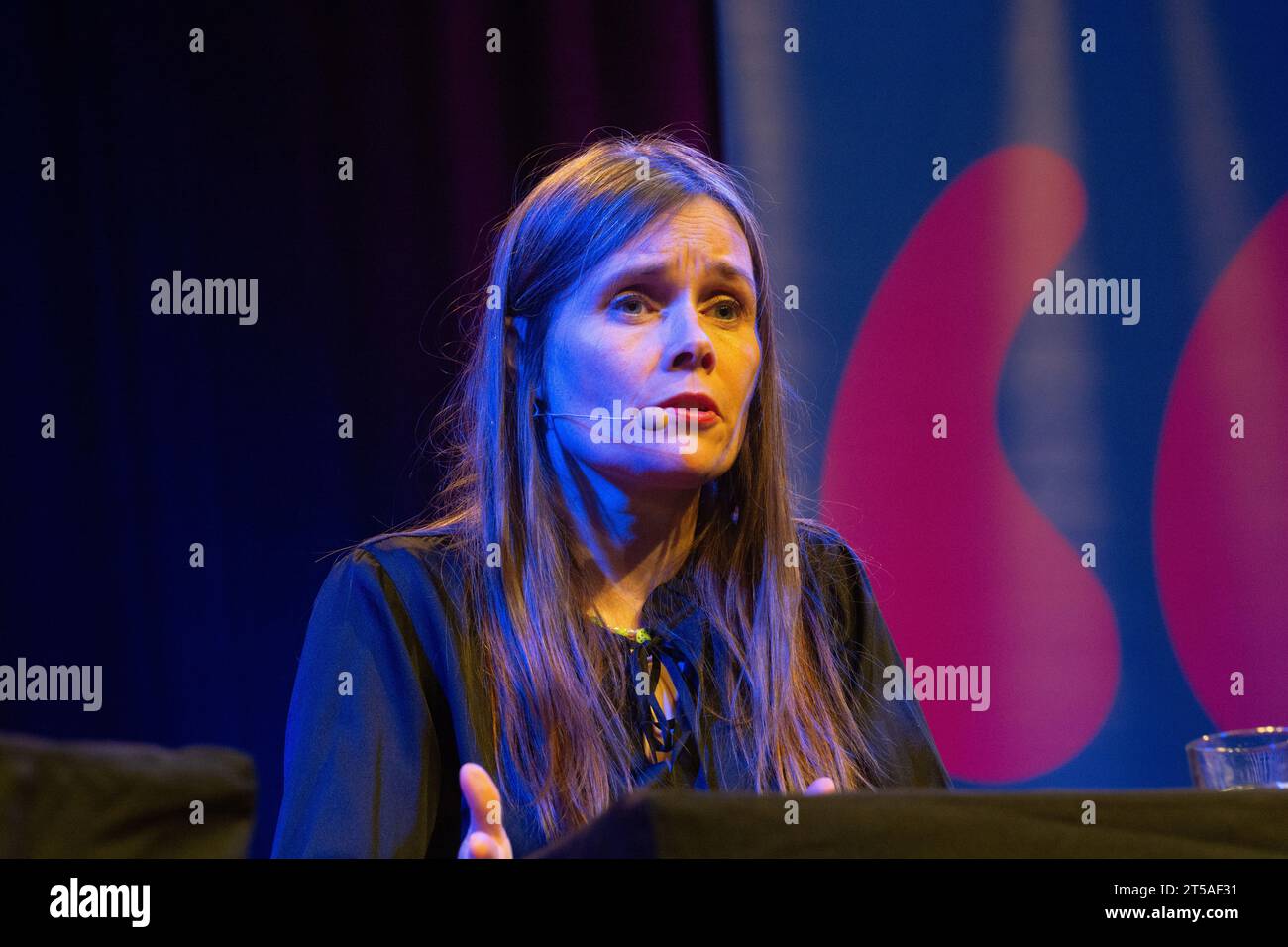 Cologne, Germany. 03rd Nov, 2023. Katrin Jakobsdottir, the icelandic politician, is seen speak on the stage at StadtHalle in Cologne, Germany on Nov.3.2023 during the lit.cologne, an international literature festival. (Photo by Ying Tang/NurPhoto)0 Credit: NurPhoto SRL/Alamy Live News Stock Photo