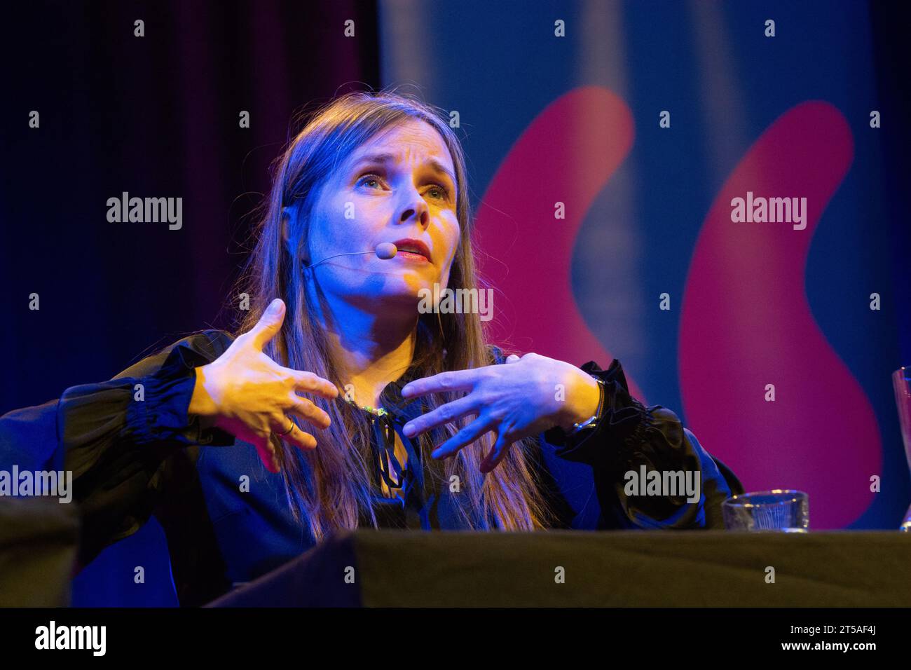 Cologne, Germany. 03rd Nov, 2023. Katrin Jakobsdottir, the icelandic politician, is seen speak on the stage at StadtHalle in Cologne, Germany on Nov.3.2023 during the lit.cologne, an international literature festival. (Photo by Ying Tang/NurPhoto)0 Credit: NurPhoto SRL/Alamy Live News Stock Photo
