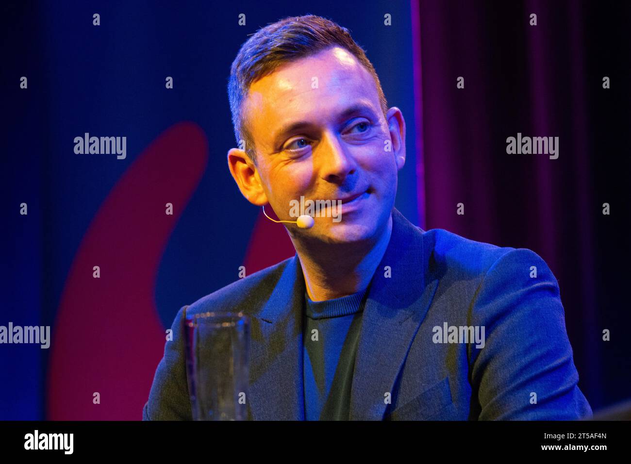 Cologne, Germany. 03rd Nov, 2023. Ragnar Jonasson, the icelandic author, is seen speak on the stage at StadtHalle in Cologne, Germany on Nov.3.2023 during the lit.cologne, an international literature festival. (Photo by Ying Tang/NurPhoto)0 Credit: NurPhoto SRL/Alamy Live News Stock Photo