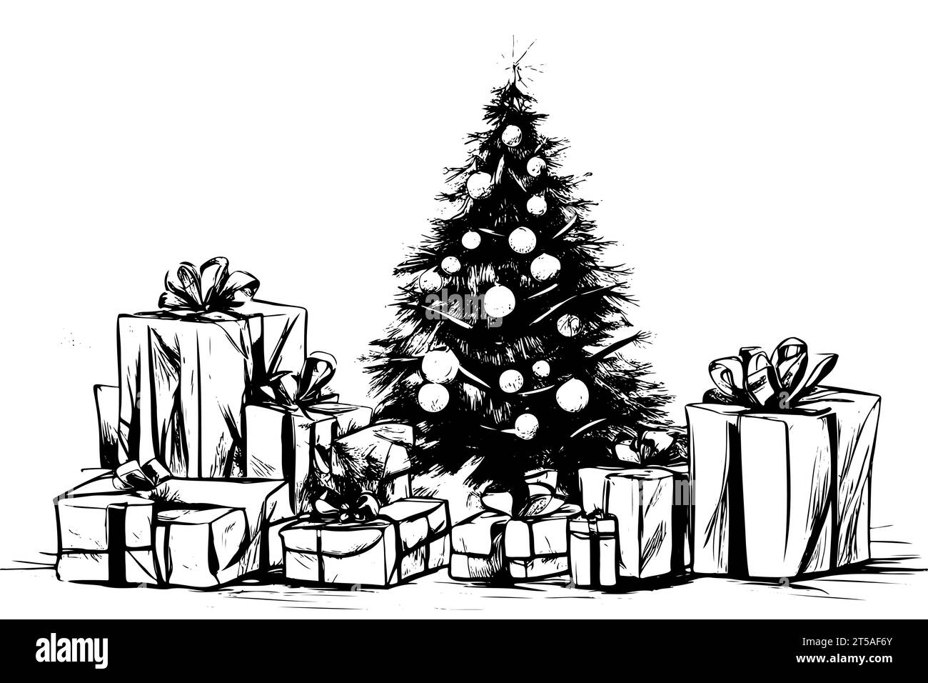 Hand drawn Christmas tree and presents. Vector illustration sketch ...
