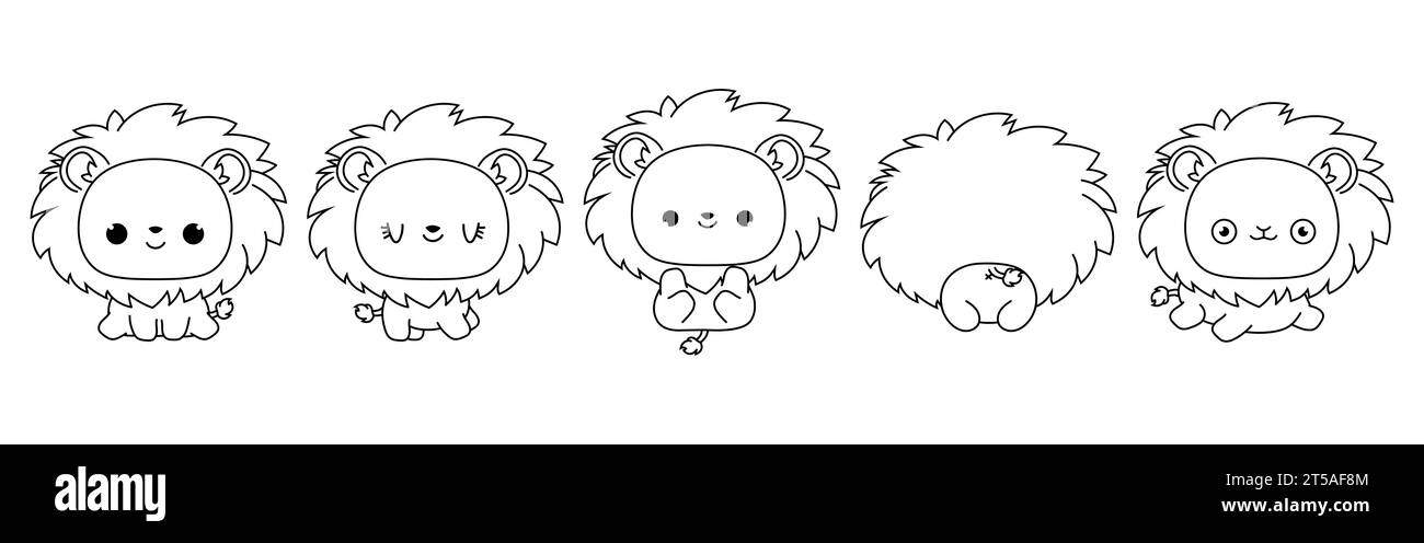 Set of Vector Cartoon Baby Animal Coloring Page. Collection of Kawaii Isolated Baby Lion Outline for Stickers, Baby Shower, Coloring Book, Prints for Stock Vector