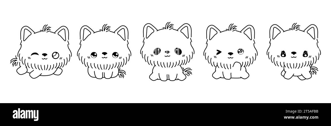 Set of Vector Cartoon Baby Animal Coloring Page. Collection of Kawaii Isolated Yorkshire Terrier Dog Outline for Stickers, Baby Shower, Coloring Book Stock Vector