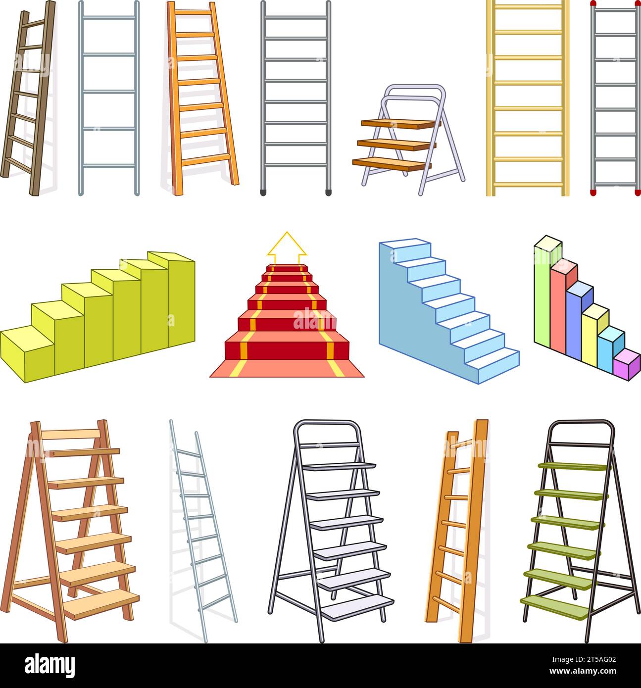 Ladder icons set cartoon vector. Stairs footway metal. Stick escape rise Stock Vector