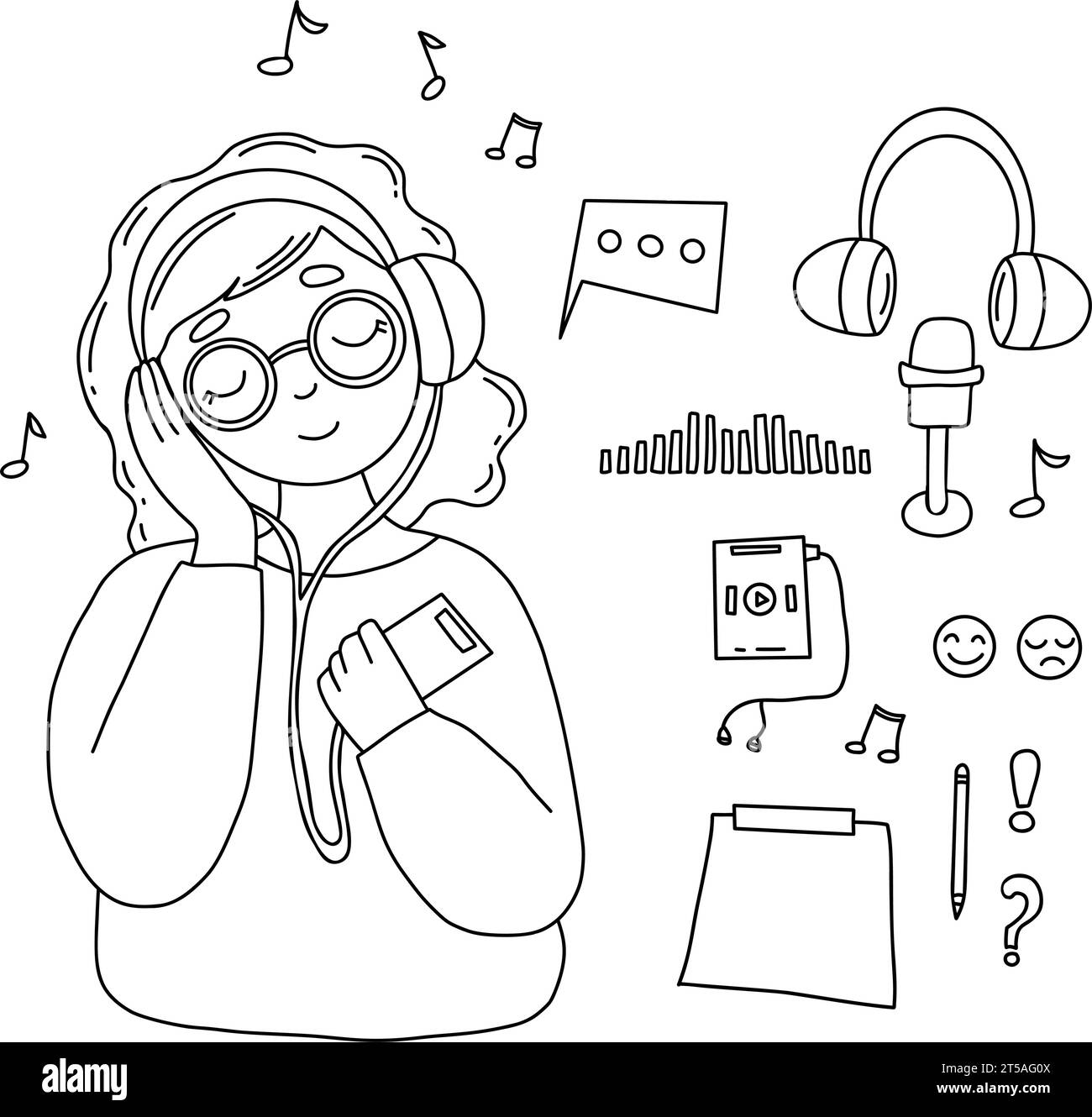 Girl in headphones listens to music. Vector illustration. Collection