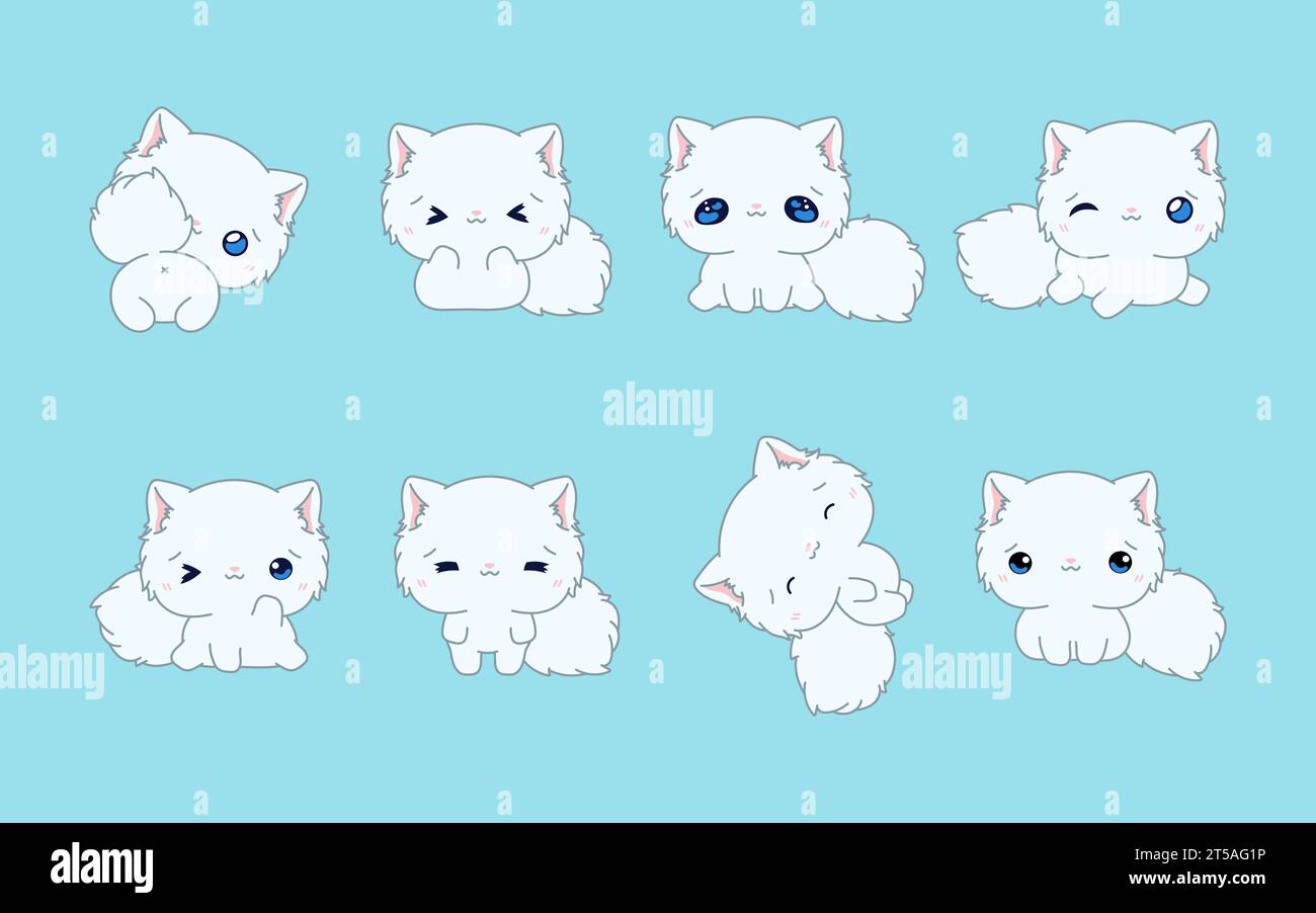 Set of Kawaii Isolated Persian Cat. Collection of Vector Cartoon Kitten Illustrations for Stickers, Baby Shower, Coloring Pages, Prints for Clothes Stock Vector