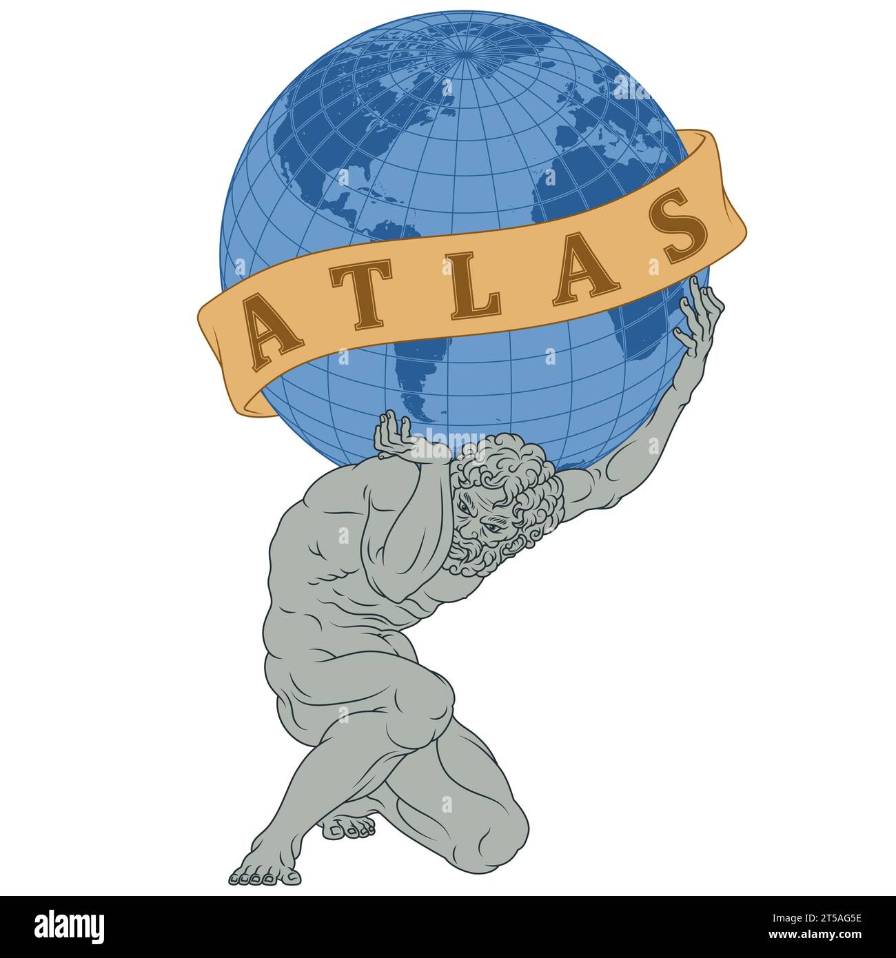 Vector design of Titan Atlas holding the planet Earth, Greek mythology titan holding the Earth sphere, surrounded with ribbon Stock Vector