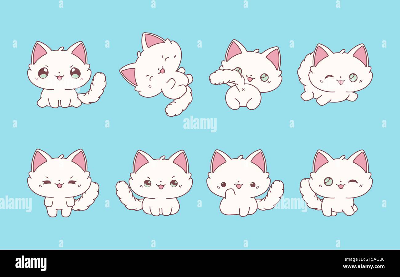 Set of Kawaii Isolated Ragdoll Cat. Collection of Vector Cartoon Baby Animal Illustrations for Stickers, Baby Shower, Coloring Pages, Prints for Stock Vector