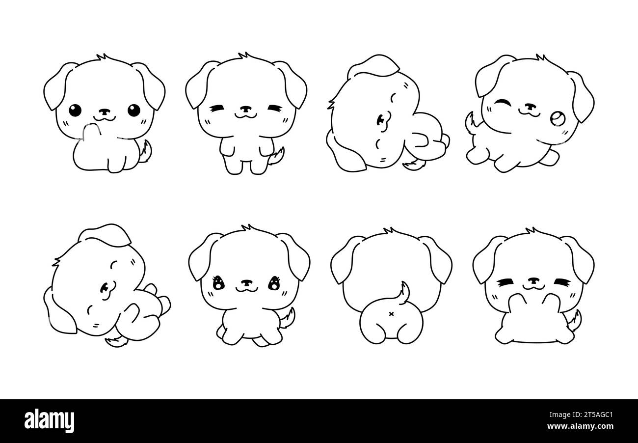 Set of Vector Cartoon Rottweiler Dog Coloring Page. Collection of Kawaii Isolated Dog Outline for Stickers, Baby Shower, Coloring Book, Prints for Stock Vector