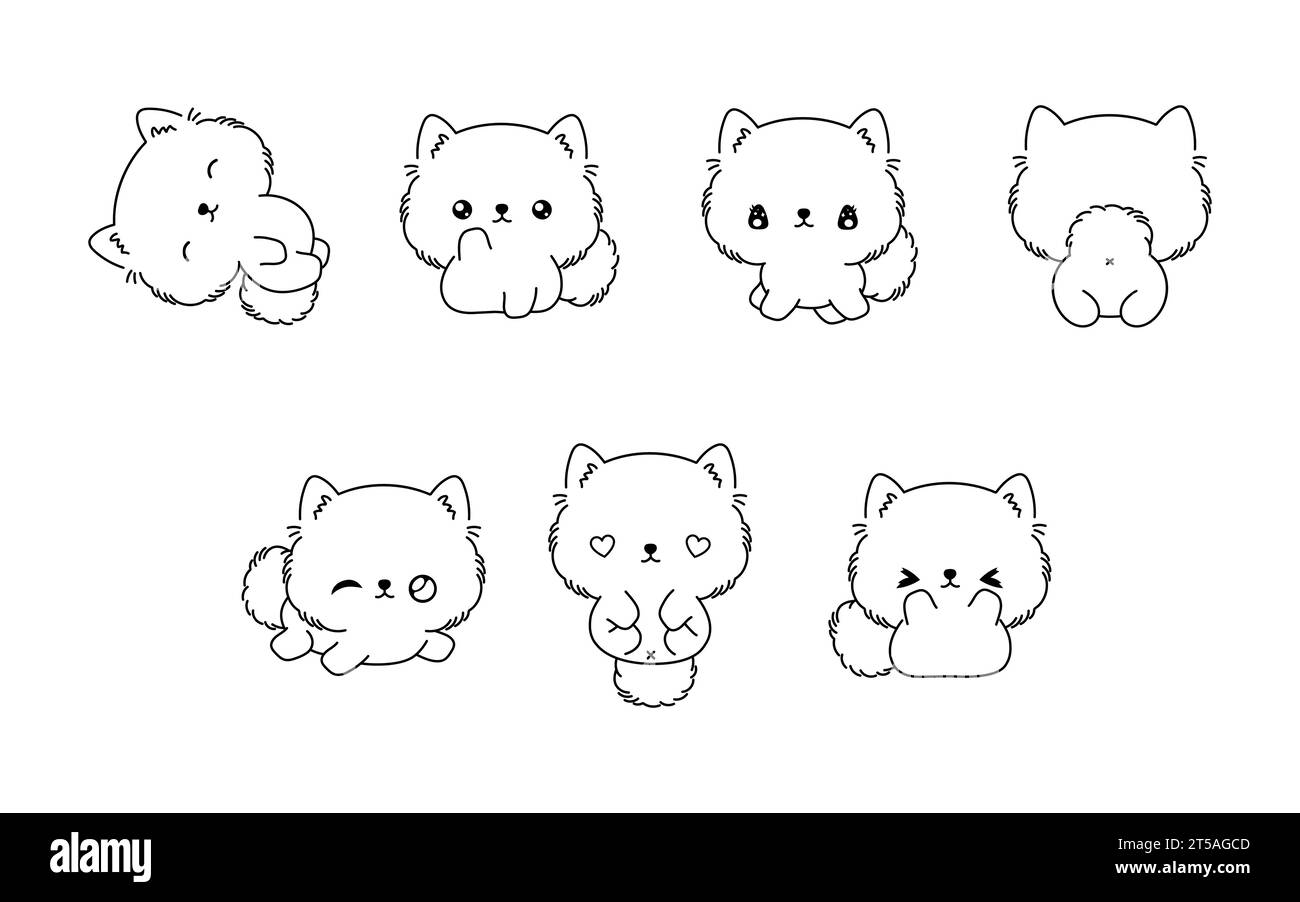 Collection of Vector Cartoon Pomeranian Spitz Coloring Page. Set of Kawaii Isolated Dog Outline for Stickers, Baby Shower, Coloring Book, Prints for Stock Vector
