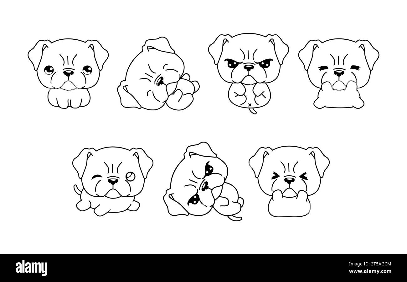 Collection of Vector Cartoon Boxer Dog Coloring Page. Set of Kawaii Isolated Pet Outline for Stickers, Baby Shower, Coloring Book, Prints for Clothes Stock Vector