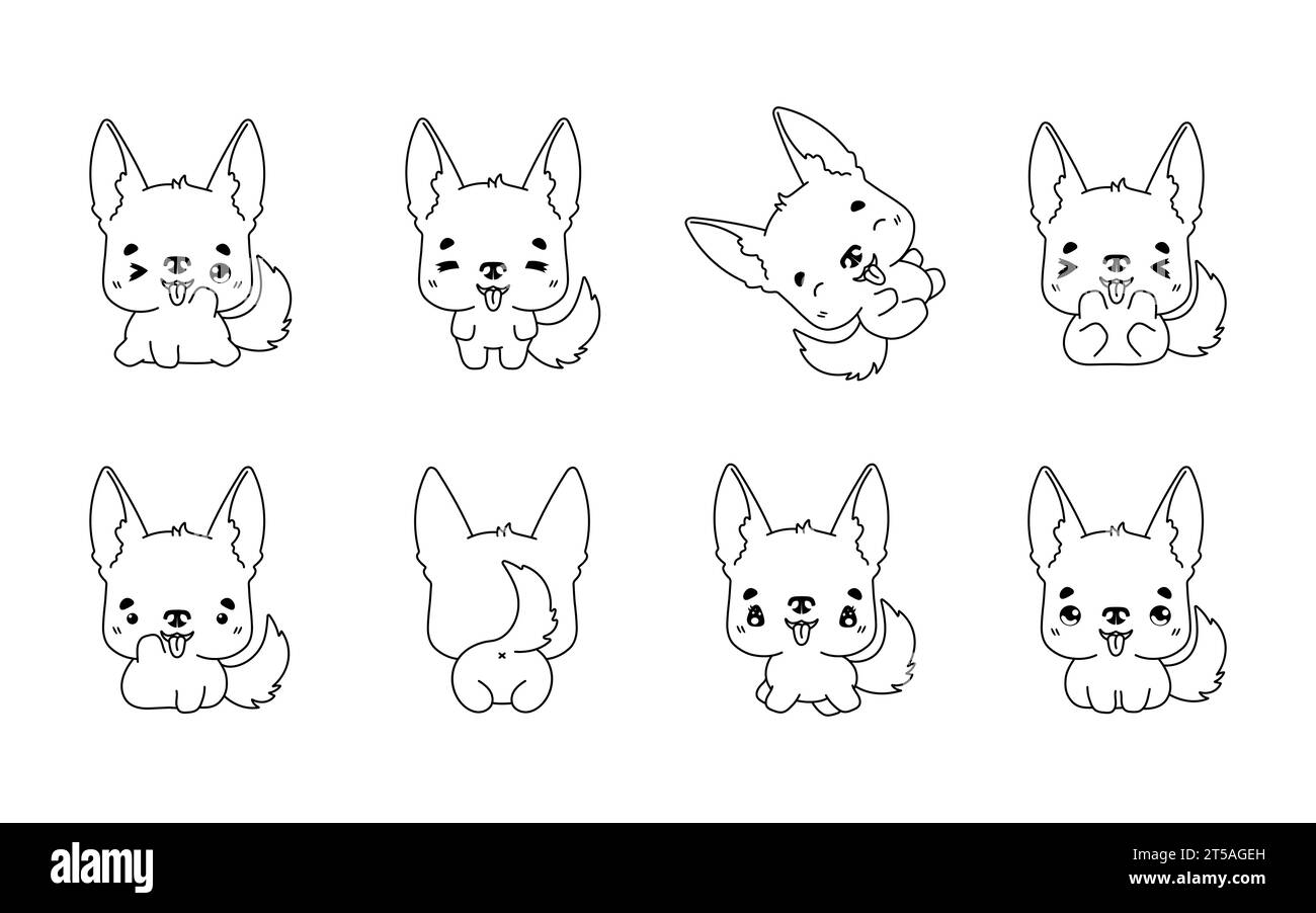 Set of Kawaii Isolated German Shepherd Dog Coloring Page. Collection of Cute Vector Cartoon Animal Outline for Stickers, Baby Shower, Coloring Book Stock Vector