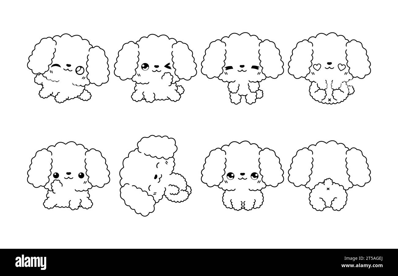 Set of Kawaii Isolated Poodle Dog Coloring Page. Collection of Cute Vector Cartoon Puppy Outline for Stickers, Baby Shower, Coloring Book, Prints for Stock Vector