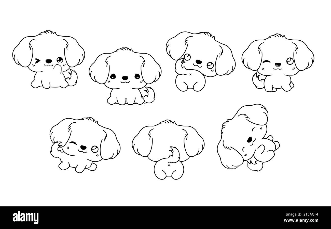 Collection of Vector Cartoon Golden Retriever Dog Coloring Page. Set of Kawaii Isolated Animal Outline for Stickers, Baby Shower, Coloring Book Stock Vector