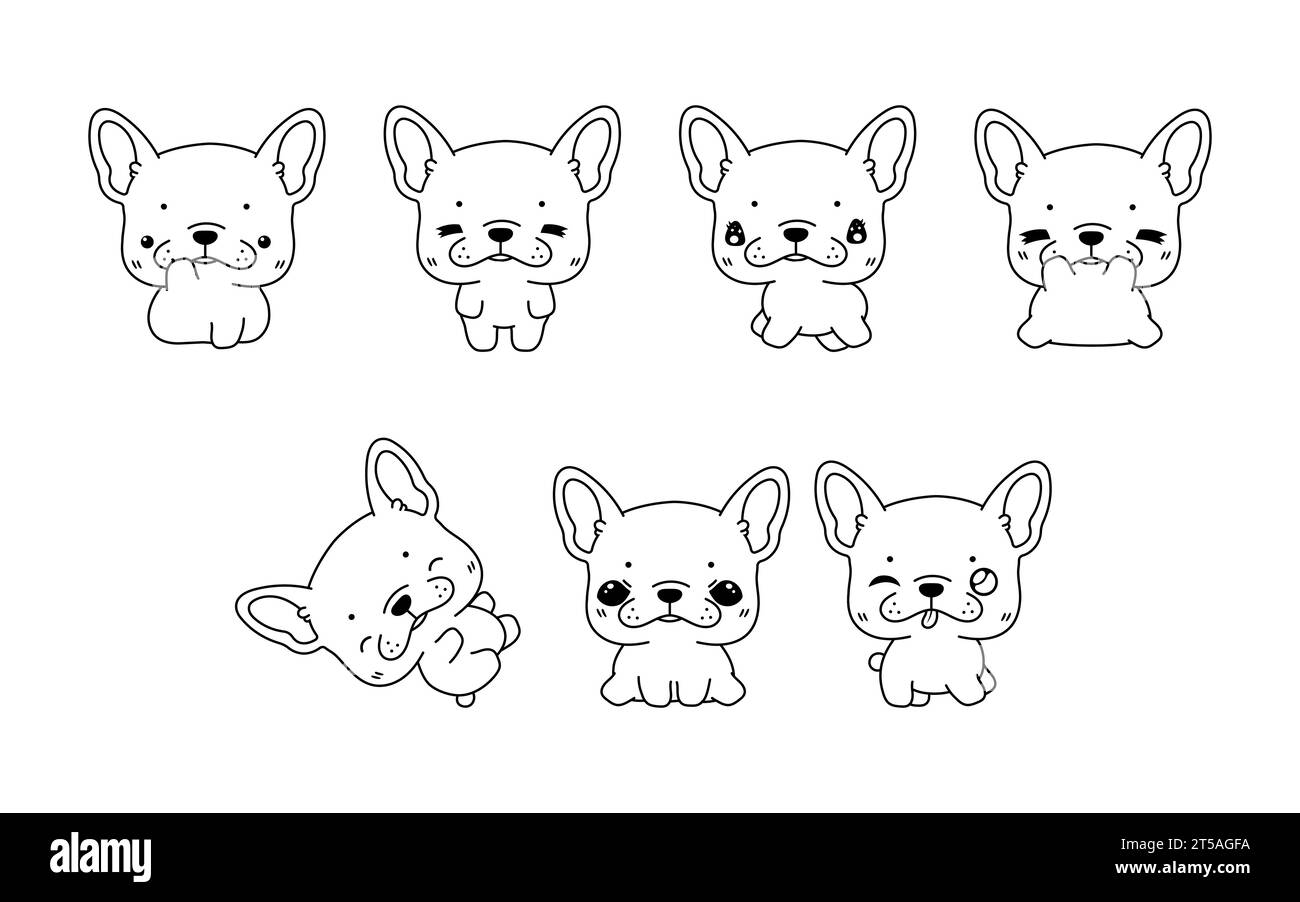Collection of Vector Cartoon French Bulldog Dog Coloring Page. Set of Kawaii Isolated Animal Outline for Stickers, Baby Shower, Coloring Book, Prints Stock Vector