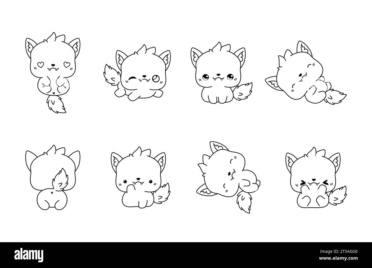 Set of Kawaii Isolated Wolf Coloring Page. Collection of Cute Vector Cartoon Animal Outline for Stickers, Baby Shower, Coloring Book, Prints for Stock Vector