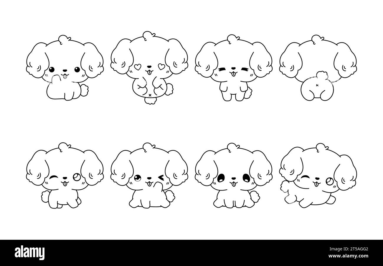 Set of Kawaii Isolated Bichon Frise Dog Coloring Page. Collection of Cute Vector Cartoon Animal Outline for Stickers, Baby Shower, Coloring Book Stock Vector