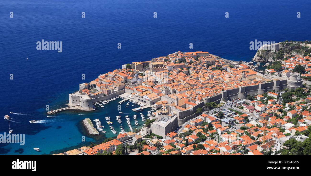 Aerial panoramic view of Dubrovnik Old Town on coast of Adriatic Sea, Croatia, Europe Stock Photo