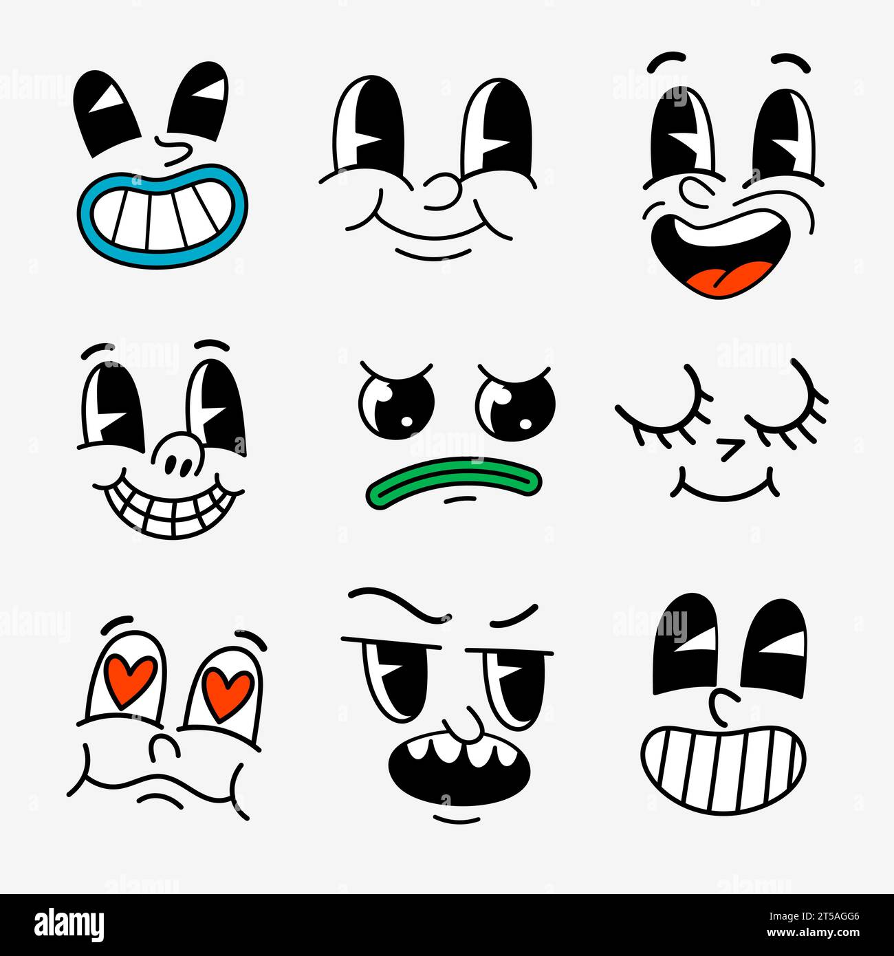 Retro Cartoon Characters Funny Faces Groovy Vintage 30s 60s 70s Smiley Mascots With Various