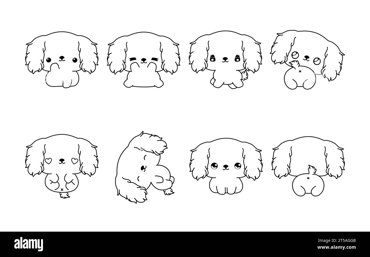 Set of Kawaii Isolated Cocker Spaniel Dog Coloring Page. Collection of Cute Vector Cartoon Animal Outline for Stickers, Baby Shower, Coloring Book Stock Vector