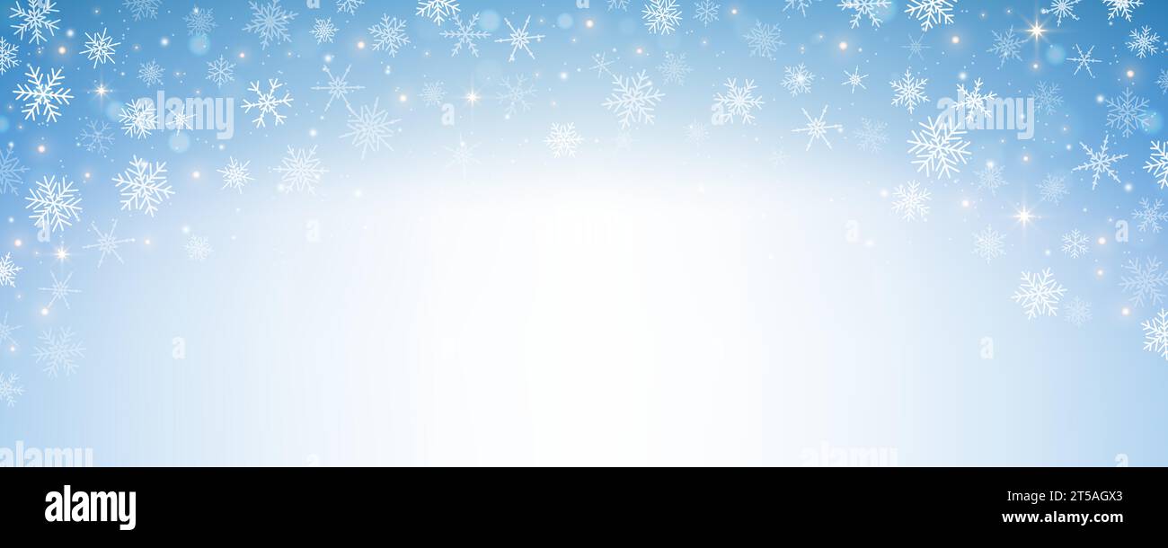 Pastel winter sky with snowflakes. Blue light color gradient. Fantasy soft blurred wallpaper. Vector Christmas landscape. Stock Vector