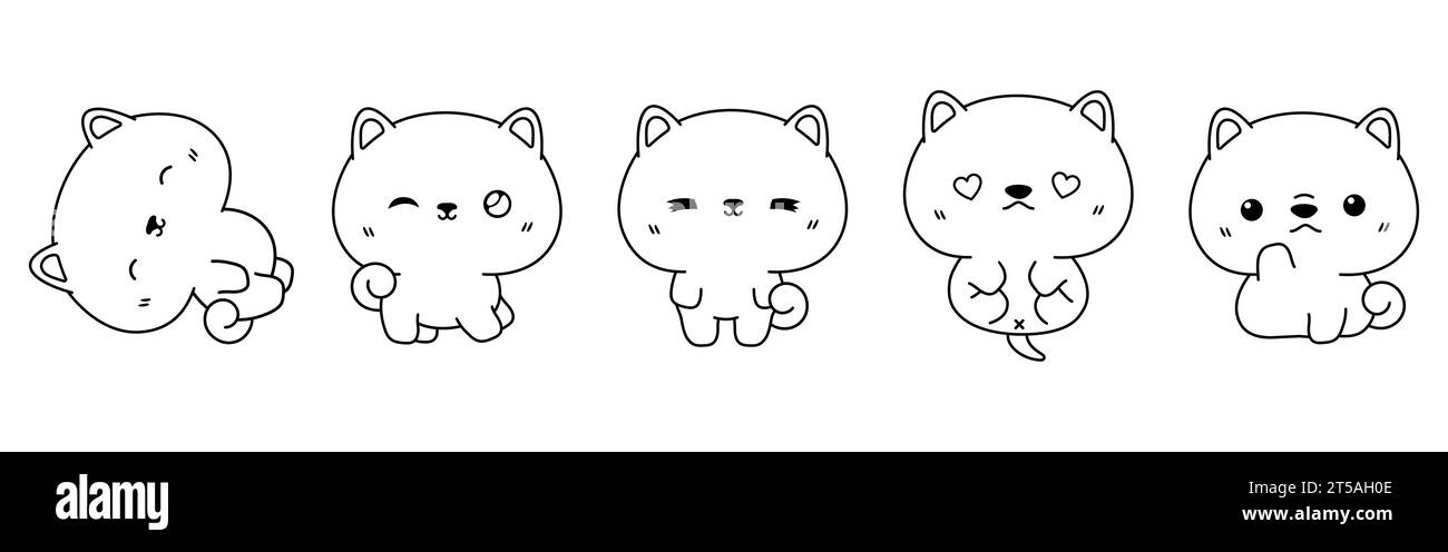 Set of Vector Cartoon Puppy Coloring Page. Collection of Kawaii Isolated Shiba Inu Dog Outline for Stickers, Baby Shower, Coloring Book, Prints for Stock Vector