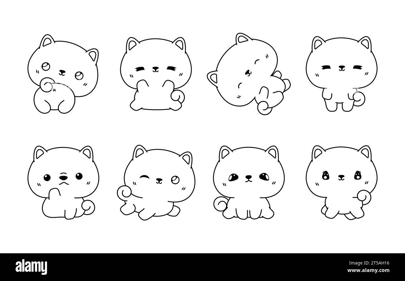 Set of Kawaii Isolated Shiba Inu Dog Coloring Page. Collection of Cute Vector Cartoon Puppy Outline for Stickers, Baby Shower, Coloring Book, Prints Stock Vector