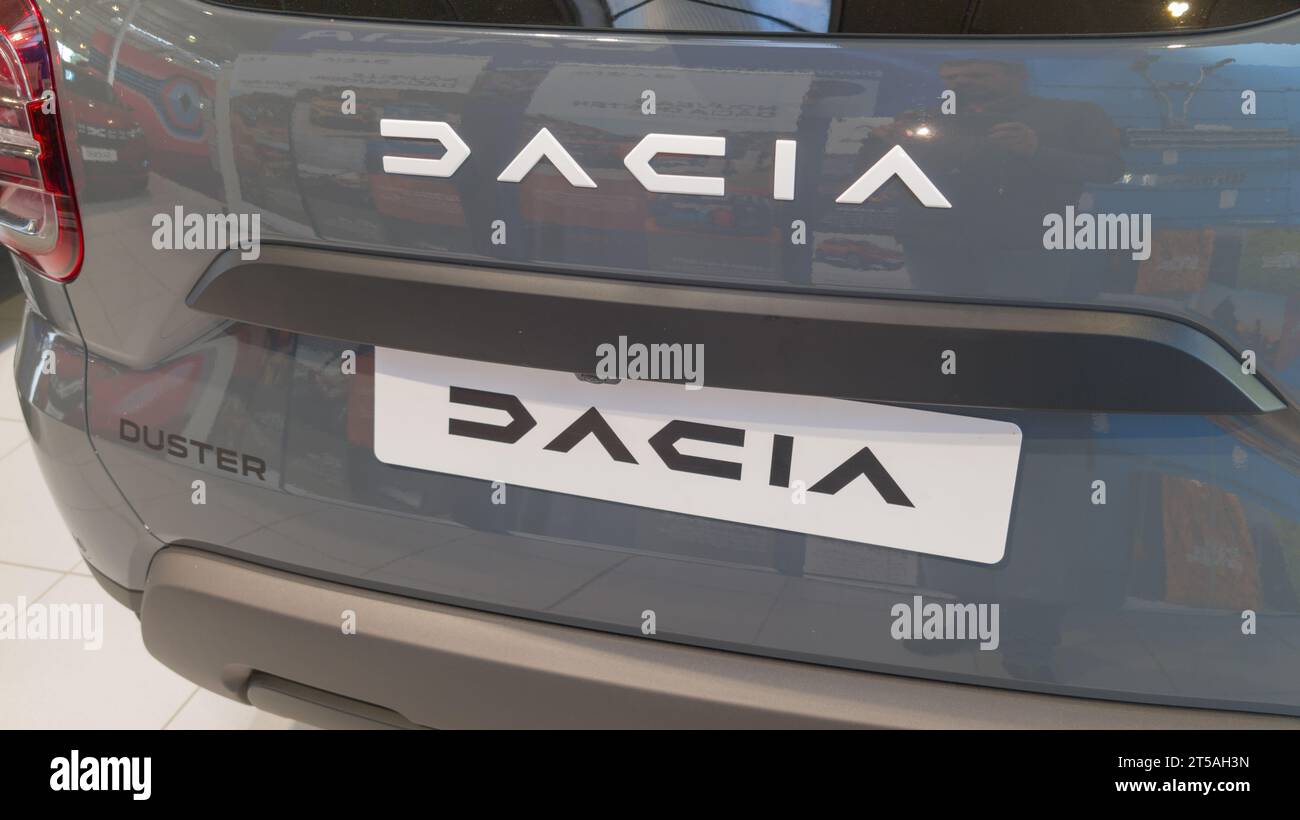 Bordeaux , France - 11 04 2023 : Dacia duster white car logo brand new dc rear sign text detail modern vehicle Romania manufacturer Stock Photo