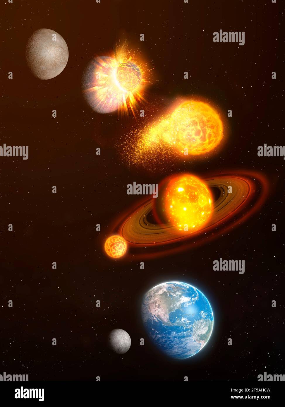 Illustration of stages (top to bottom) in the giant impact theory of