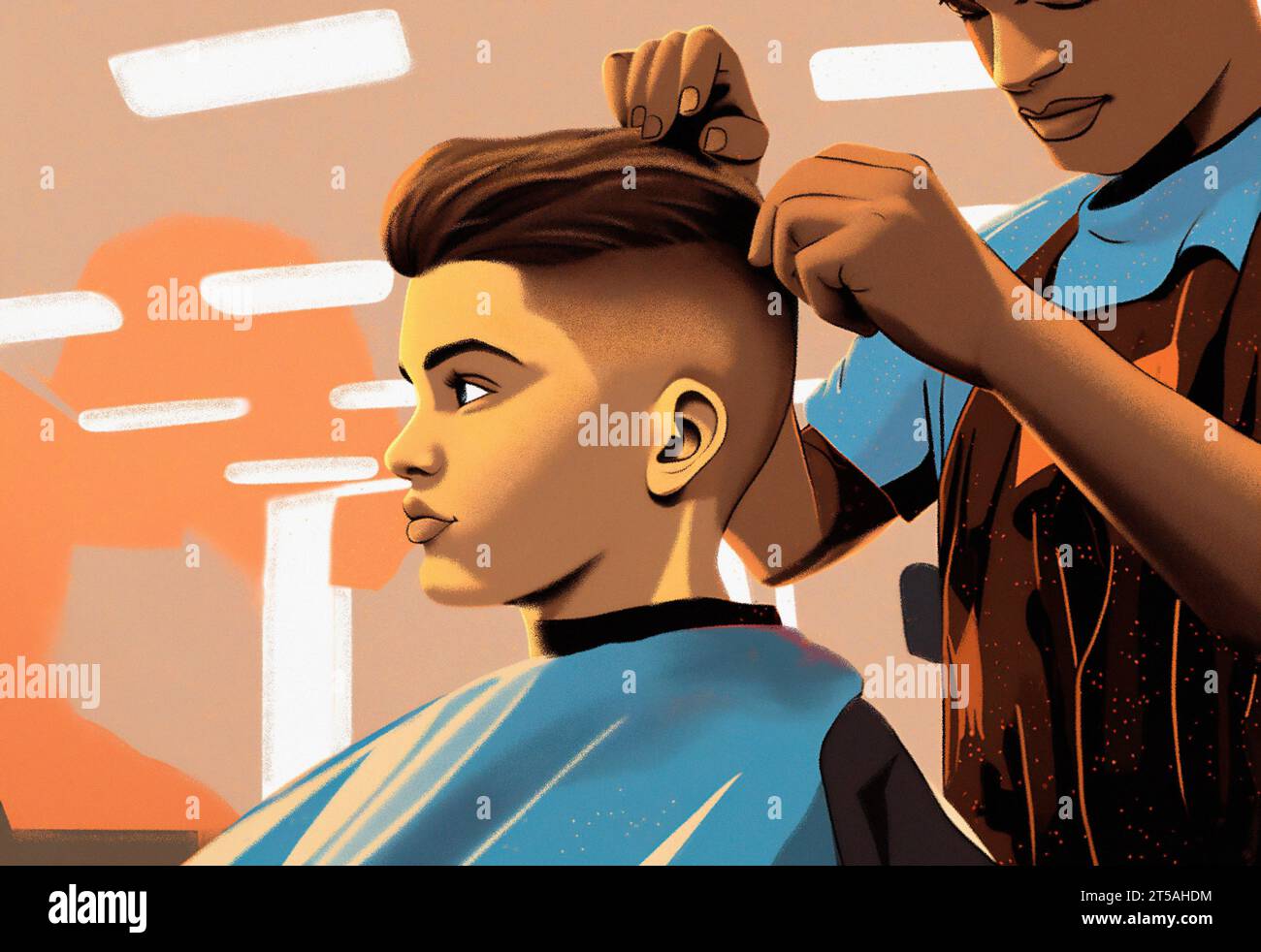 Barber cutting boy's hair, illustration Stock Photo Alamy